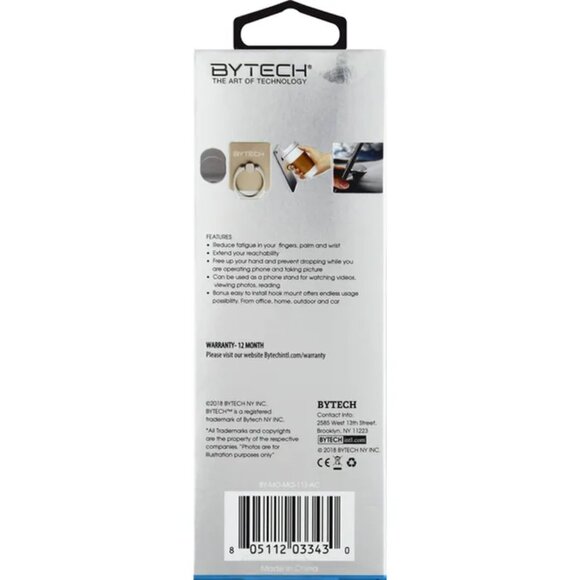 Bytech Ring Grip, with Hook Mount, Universal in Black with Silvertone Ring - Picture 3 of 3